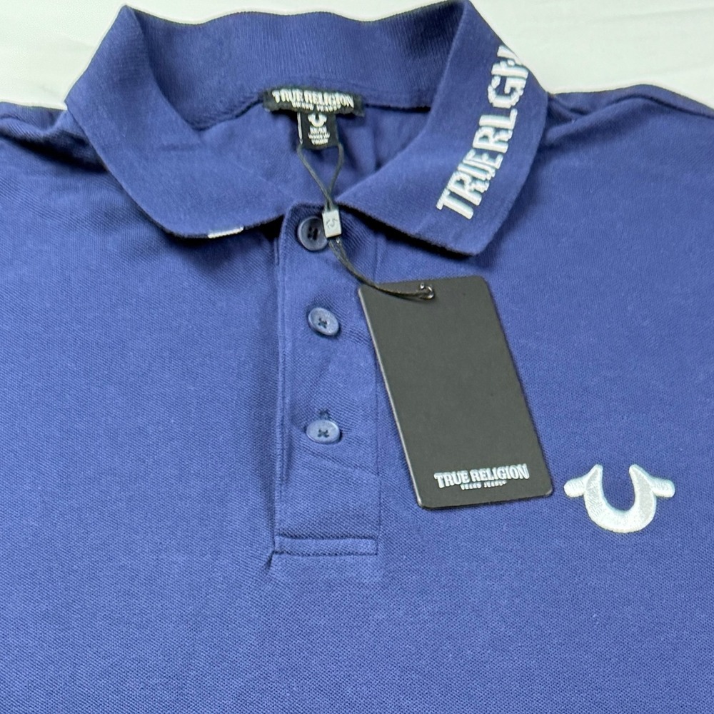 True Religion Polo Shirt Mens M Blue Branded Collar SS Polo Style 106602 NWT